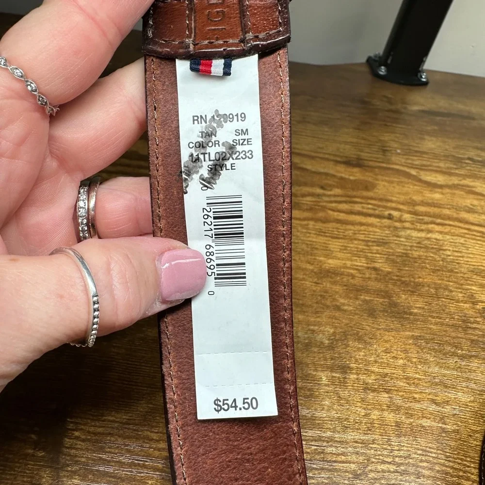 Tommy Hilfiger Mens Brown Genuine Leather Belt Size 30-32 Small Embossed Logo